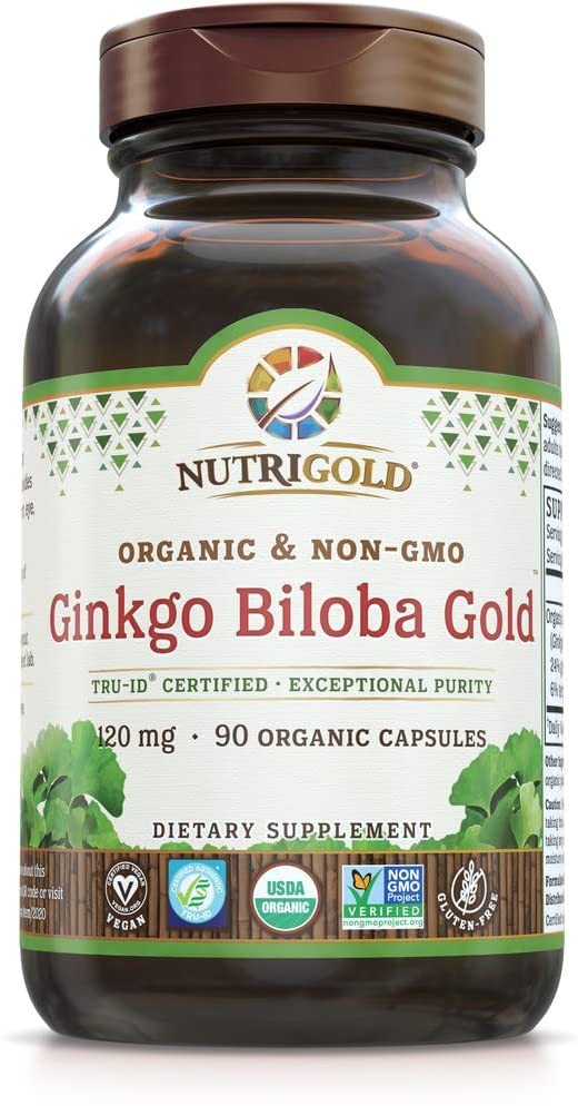 Nutrigold Ginkgo Biloba Gold - 90 vegan capsules [120 mg] | Standardized to 24% ginkgoflavonglycosides, Tan Capsule