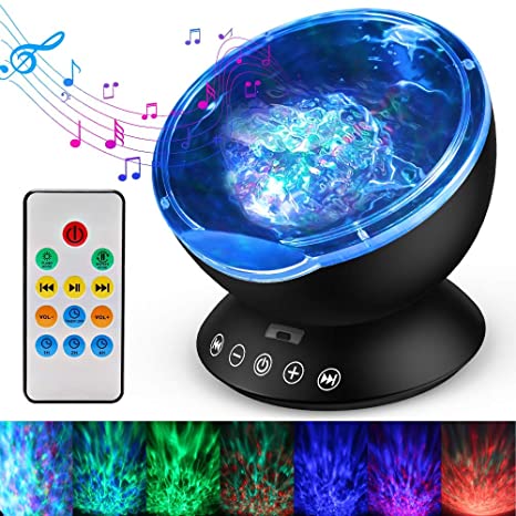 Ocean Wave Projector, Remote Control Night Light Lamp 12 LEDs & 7 Color Changing Modes LED Night Light Projector Lamp Built-in Mini Music Player for Baby Kids Adult Bedroom Living Room (Black)