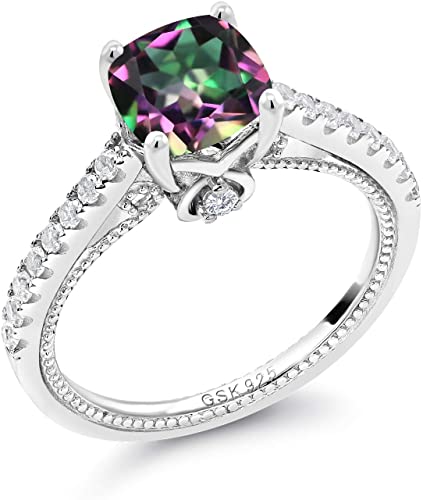 Gem Stone King 925 Sterling Silver Green Mystic Topaz and White Created Sapphire Women Engagement Ring (2.30 Ct Cushion)