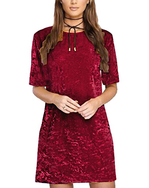 R.Vivimos Women's Summer Short Sleeve Crushed Velvet Mini Short Dresses