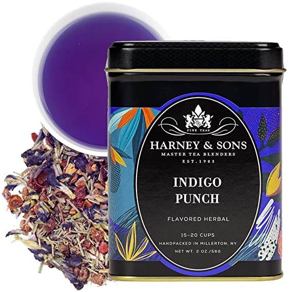 Harney & Sons Indigo Punch Herbal Tea, a fruity herbal tea with butterfly pea flower, lemongrass & raspberry, loose 2 ounce tin
