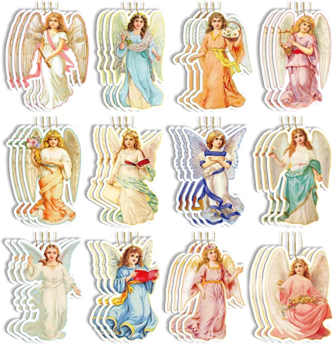 36 Pieces Christmas Wood Angel Ornaments Rustic Angel Shaped Christmas Ornaments Wooden Irish Ornaments Hanging Angels Decorations Xmas Tree Angel Hanging Crafts for Holiday Party Decor, 12 Styles