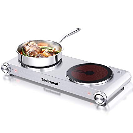 Techwood 1800 Watts Countertop Burner, Infrared Ceramic Double Cooktop (900W & 900W), Portable Electric Hot Plate, Stainless Steel, ES-3201C