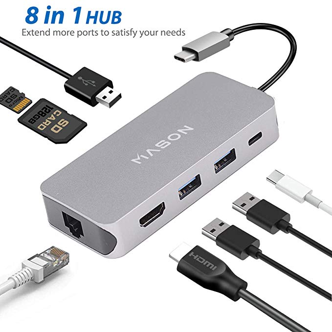 USB C Hub, 8 in 1 Multi Port Type C to Ethernet Adaptor, Type C Combo Hub with HDMI, RJ45 Gigabit Ethernet, SD/Micro Card Reader, 3 USB 3.0 Ports, USB-C Charging Port for Macbook, iMac, ChromeBook etc