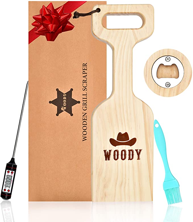 Woody Wood Grill Scraper - Natural Cedar Wood BBQ Grate Cleaner Tool with Meat Thermometer & Basting Brush - Safe Replacement for Brush with Wire Metal Bristles - Wooden Grill Scraper