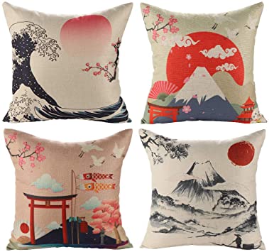 JOTOM Set of 4 Throw Pillow Covers Decorative Cotton Linen Outdoor Square Cushion Covers Home Decor for Sofa Car Bed Couch 18x18 Inch (Japanese Style B)