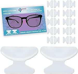 GMS Optical 2.5mm Thick/18mm Long Length - Adhesive Butterfly Contoured Shape Anti-Slip Silicone Eyeglass Nose Pads, Non-Slip Nose Pads for Glasses, for Sunglass Nose Pads Replacement -10 Pair Clear