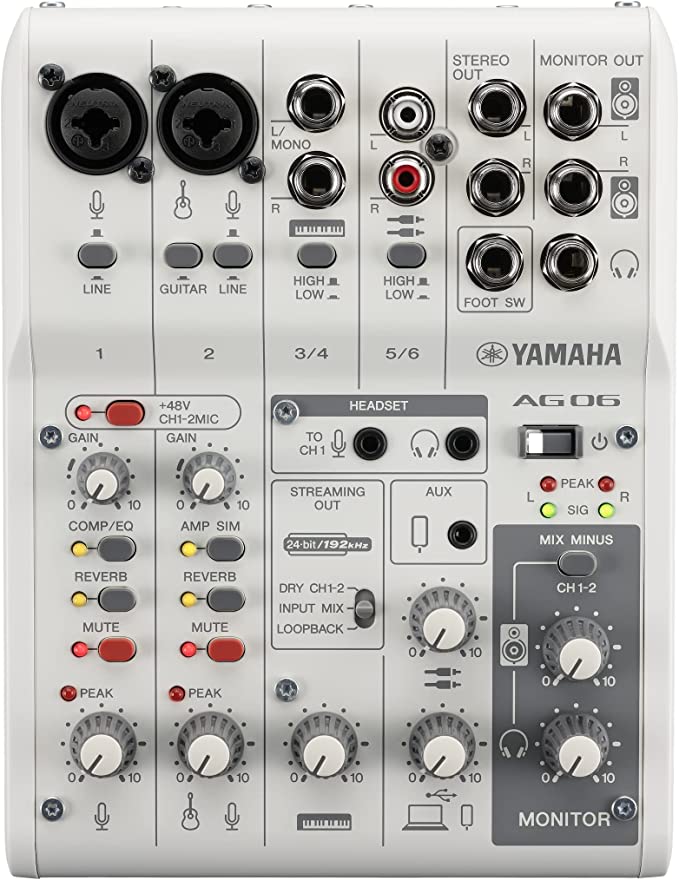 Yamaha AG06MK2 W White 6-Channel Live Streaming Loopback Mixer/USB Interface with Steinberg Software Suite