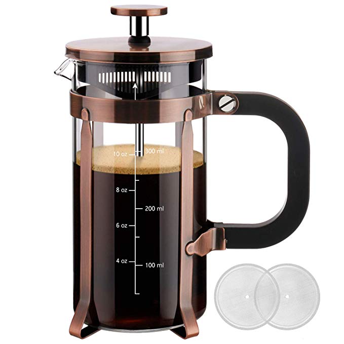 Veken French Press Coffee Maker (12oz), 304 Stainless Steel Coffee Press with 4 Filter Screens, Durable Easy Clean Heat Resistant Borosilicate Glass - 100% BPA Free