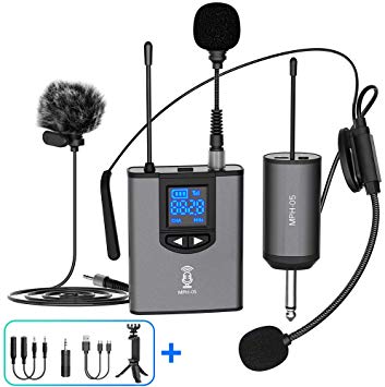 UHF Wireless Microphone System Headset Mic/Stand Mic/Lavalier Lapel Mic with Rechargeable Bodypack Transmitter & Receiver 1/4" Output for iPhone, PA speaker, DSLR Camera, Recording, Teaching