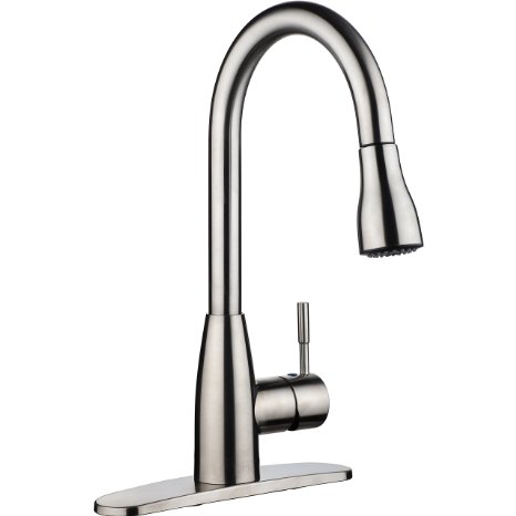 pH7 F04 1-hole or 3-holes Plastic Pull-down Kitchen Sink Faucet with Deck Plate 1- handle Kitchen Faucet Excellent Finish Nylon Hose and Docking System Brushed Nickel