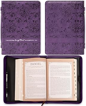 Christian Art Gifts Women's Fashion Bible Cover I Can Do All Things Philippians 4:13, Purple Floral Faux Leather (Medium)