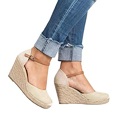 FISACE Womens Summer Espadrille Heel Platform Wedge Sandals Ankle Buckle Strap Closed Toe Shoes