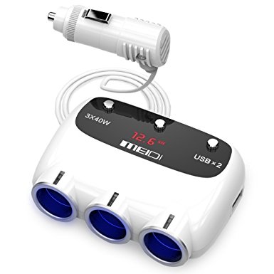MEIDI 120W 3-Socket Cigarette Car Lighter Power Adapter DC Outlet Splitter with 12V/24V Dual USB Car Charger for Smartphones - White
