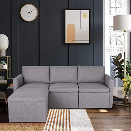 B BAIJIAWEI Convertible Sectional Sofa Couch - Modern Linen Fabric L-Shaped Couch 3-Seat Sofa Sectional with Removable Ottoman for Small Living Room, Apartment and Small Space
