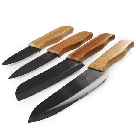 Japanese Grade Black Ceramic Knife Set Complete with 4 Knives & Sheaths featuring Ergonomic Bamboo Handles & Satori-Sharp Blades