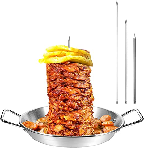 Al Pastor Skewer for Grill, BBQ Vertical Stand Skewer Tacos Barbecue Hack Vertical Spit with 13" Base Pan for Shawarma-Grilling Accessory Brazilian Churrasco with 3 Spikes (8”, 10" and 12”)