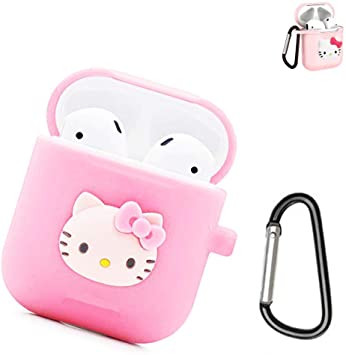 Airpods Case, 2019 Newest Full Protective Shockproof Case Cover & Hello Kitty Soft 3D Cartoon Silicone Cover Case for Apple Airpods 2 &1 Charging Cases with Carabiner Keychain