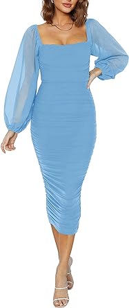 MASCOMODA Women's 2023 Long Puff Sleeve Ruched Midi Bodycon Dress Sexy Mesh Wedding Guest Cocktail Dresses