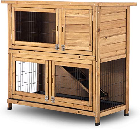 Lovupet 2 Story Outdoor Wooden Rabbit Hutch Chicken Coop Bunny Cage Guinea Pig House with Ladder for Small Animals (Natural)