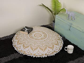 Large Round Mandala Hippie Floor Pillow Cover - Hippie Cushion Cover - White Ombre Pouf Shams - Meditation Seating Ottoman Throw Cover Decorative Bohemian Pom Pom Floor Pillow Case- 18" Gold