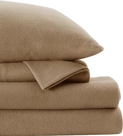 softan Flannel King Sheets Set 4-Piece Micro Polar Fleece Bed Sets with 15" Deep Pocket Fitted Soft Warm Sheet, Flat Sheet and Pillowcase, Tan