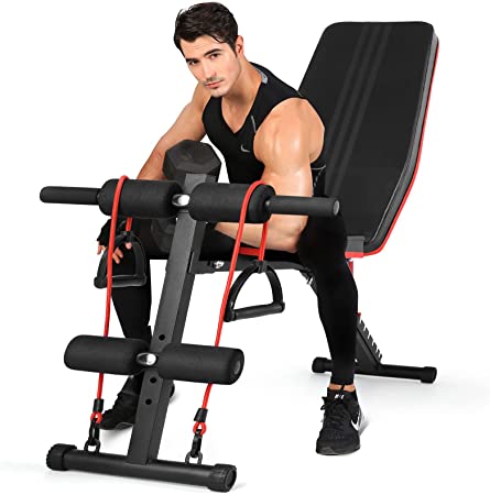 idealchoiceproduct Fitnessclub Weight Bench, Multi-Purpose Foldable Incline Decline, 7 Position Adjustable Workout Bench With Pull Rope for Home Gym Full Body Workout Strength Fitness Training Exercise , 600 lbs Capacity