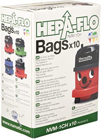 Numatic NVM-1CH HepaFlo' Disposable Filter Bags Pack - for the "Henry" HVR200A, the "Hetty" HET200A, the "James" JVP180, and the "Henry Micro" HVR200M Vacuum Cleaners - (10-Bags Per Pack)
