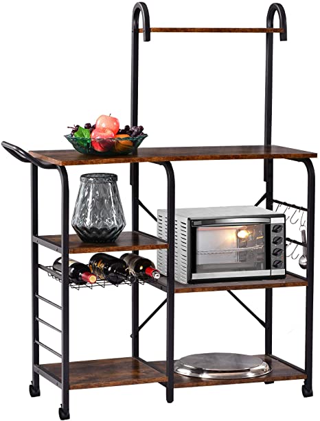Sundale Outdoor Standing Baker's Racks Utility Storage Kitchen Shelf, Vintage Microwave Stand with 6 S-Hooks, Handle & Wheels