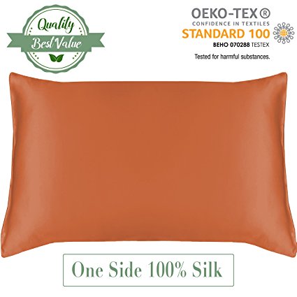 MYK 100% Pure Natural Mulberry Silk Pillowcase, 19 Momme with Cotton underside for Hair & Facial Beauty, Queen Size 20"x30", Peach, 1pc