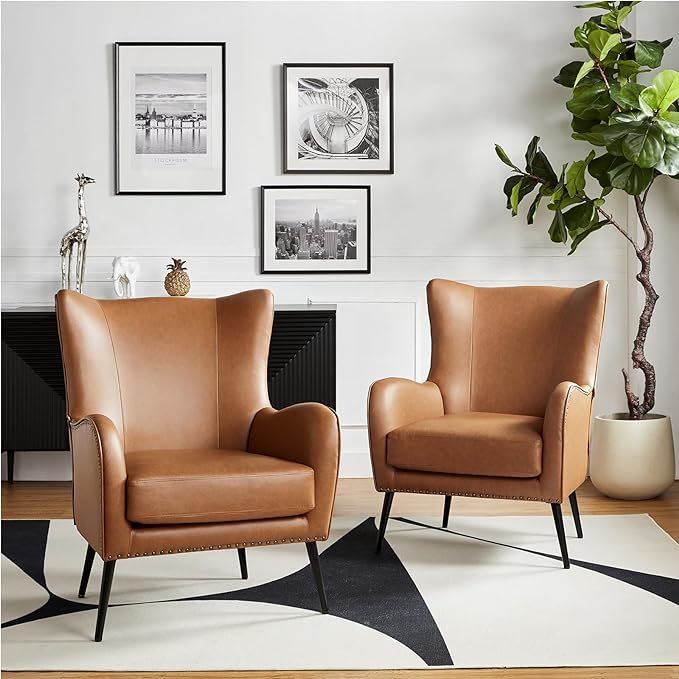 HULALA HOME Faux Leather Accent Chair Set of 2 w/Removable Cushion, Comfy Upholstered Armchair with Metal Legs & Nailhead Trim Wingback Vanity Chair Desk Chair for Reading Living Room Bedroom, Camel