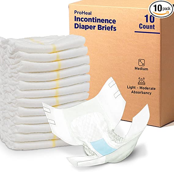 Adult Diapers Incontinence Briefs Medium, 10 Pack - for Men and Women - Quilted Moisture and Odor Lock - Light-Moderate Absorbency, Secure Fit Refastenable Tabs, Elastic Gathers