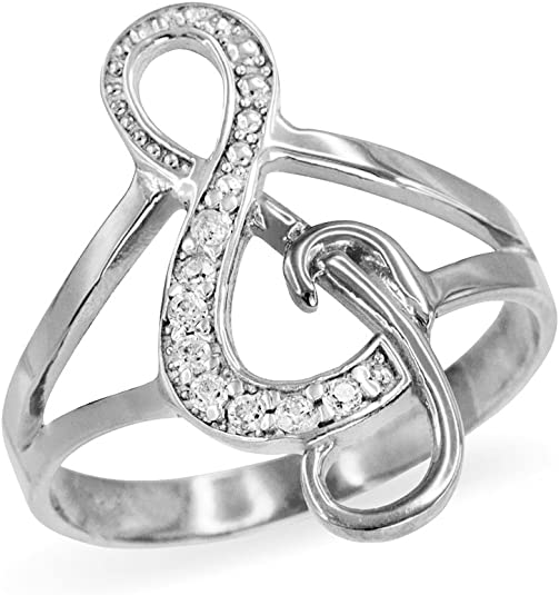 Treble G-Clef Music Note CZ Ring in Polished 925 Sterling Silver