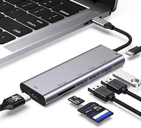 USB C Hub Adapter, 7 in 1 Type C Hub MacBook Pro Accessories Multiport Adapter with 4K HDMI, USB C Power Delivery, 3 USB 3.0 Ports, SD and TF Card Reader Compatible MacBook Pro and More USB C Devices