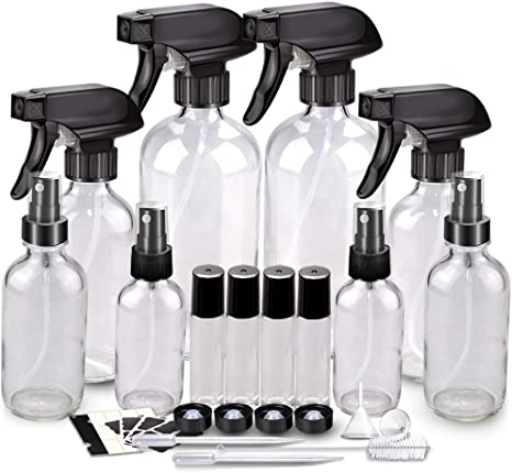 Glass Spray Bottle Kits, BonyTek Empty 4 10 ml Roller Bottles, 8 Clear Essential Oil Bottle(16oz,8oz,4oz,2oz) with Labels for Aromatherapy Cleaning Products