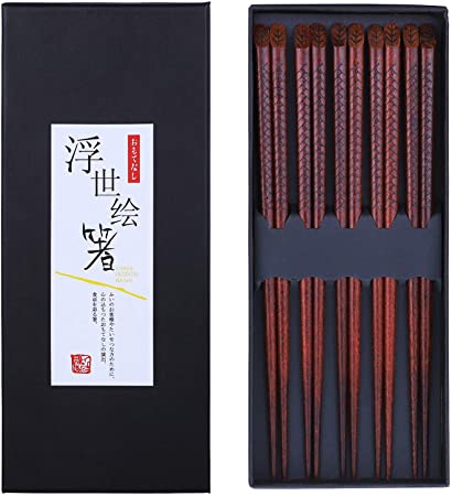 Antner 5 Pairs Hardwood Chopsticks Japanese Style Reusable Hand-Carved Chopsticks Natural Wood Chop Sticks with Gift Box, Dishwasher Safe