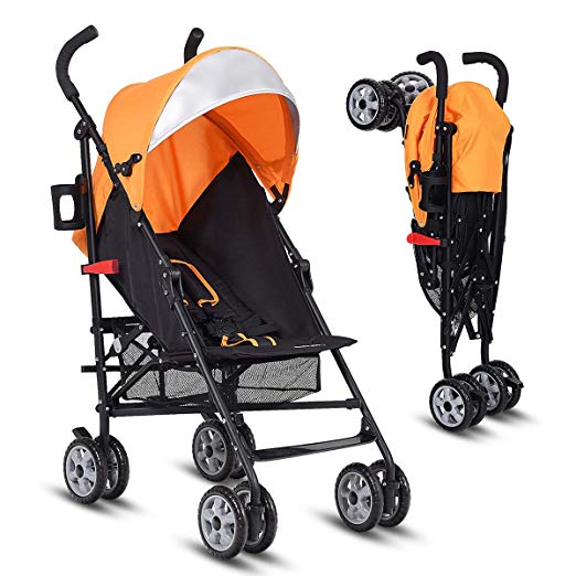 INFANS Lightweight Baby Umbrella Stroller, Foldable Infant Travel Stroller with 4 Position Recline, Adjustable Backrest, Cup Holder, Storage Basket, UV Protection Canopy, Carry Belt (Orange)