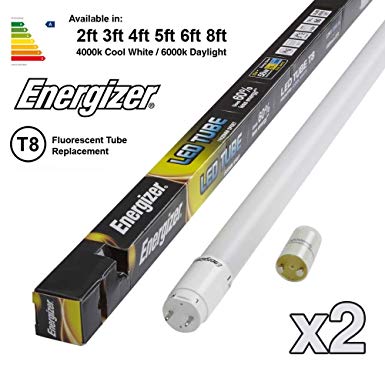 2 x ENERGIZER HighTech T8 Led Tube - Retrofit Fluorescent Tube Replacement - Includes Starter (4ft - 1200mm 18w (36w Replacement, 6000k - Daylight)