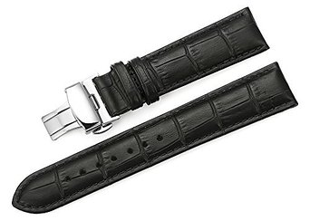 iStrap 22mm Calf Leather Padded Replacement Watch Band W/ Push Button Deployment Buckle Black 22