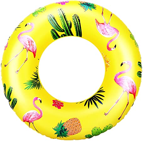 MoKo Flamingo Swim Rings, 90cm Diameter Inflatable Pool Float Swimming Pool Float Tube Cute Round Swimming Tube Water Fun Beach Pool Toys with Repair Patch for Summer Party for Kids Adults - Yellow