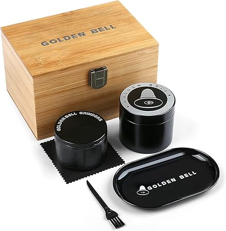 Golden Bell Grinder 2.5 inch Spice Grinder 4 Layers Zinc Alloy Grinder with Storage Box and Wooden Box for Gift - Black