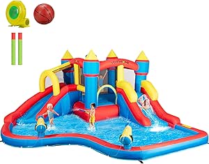 VIVOHOME Inflatable Bounce House Water Bouncer Jumping Castle with 450W Air Blower, Double Water Slide, Sprinkler, Splash Pool, Basketball Hoop, Water Gun, Climbing Wall for Kids Outdoor Backyard