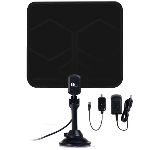 1byone OUS00-0184 Amplified HDTV Antenna with Stand with 40 Miles Range and 10-Feet High Performance Coaxial Cable