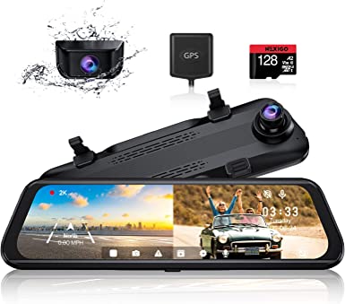 NexiGo D81 2.5K Mirror Dash Cam with Dual Sony STARVIS Sensor, 10 Inch Touch Split Screen, Front and Rear Dual Camera, GPS, Super Night Vision, Emergency Recording, Loop Recording