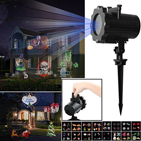 LED Projector Landscape Lights OKPOW Waterproof Snowflake Spotlight with 16 Interchangeable Slides Flim Lamp for Christmas Halloween Birthday Wedding Party Outdoor Indoor Home Decor