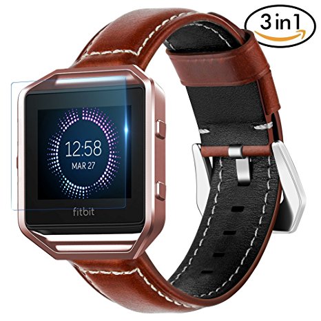For Fitbit Blaze Bands 3 in 1 Watch Wristband Strap Leather Replacement, Protective Case Cover Rose Gold Frame with Screen Protector,Smart Fitness Watch Classic Bracelet for Men Women, Coffee