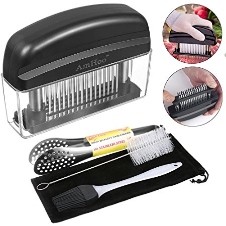 AmHoo Professional Needle Meat Tenderizers.48 Ultra Sharp Stainless Steel Blades Tool For Tenderizing Chicken/Steak/Beef/Pork - Best Kitchen Accessories (Including Cleaning Brush/Food Clip/StorageBag)