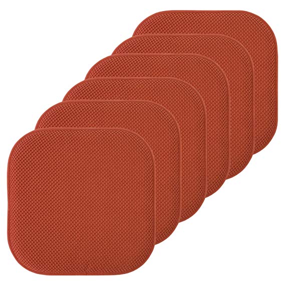 Sweet Home Collection Chair Cushion Memory Foam Pads Honeycomb Pattern Slip Non Skid Rubber Back Rounded Square 16" x 16" Seat Cover, 6 Pack, Rust