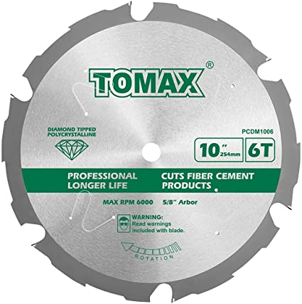 TOMAX PCDM10 Inch 6 Tooth Polycrystalline Diamond Tipped (PCD) Hardie Fiber Cement Saw Blade with 5/8-Inch Arbor