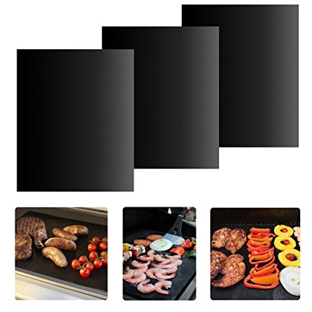 BBQ Grill Mat - Set of 3 Non-stick Grill Mats Reusable Grilling Mats Dishwasher Safe Barbecue Utensil for Meat Biscuit Baking by iLOME